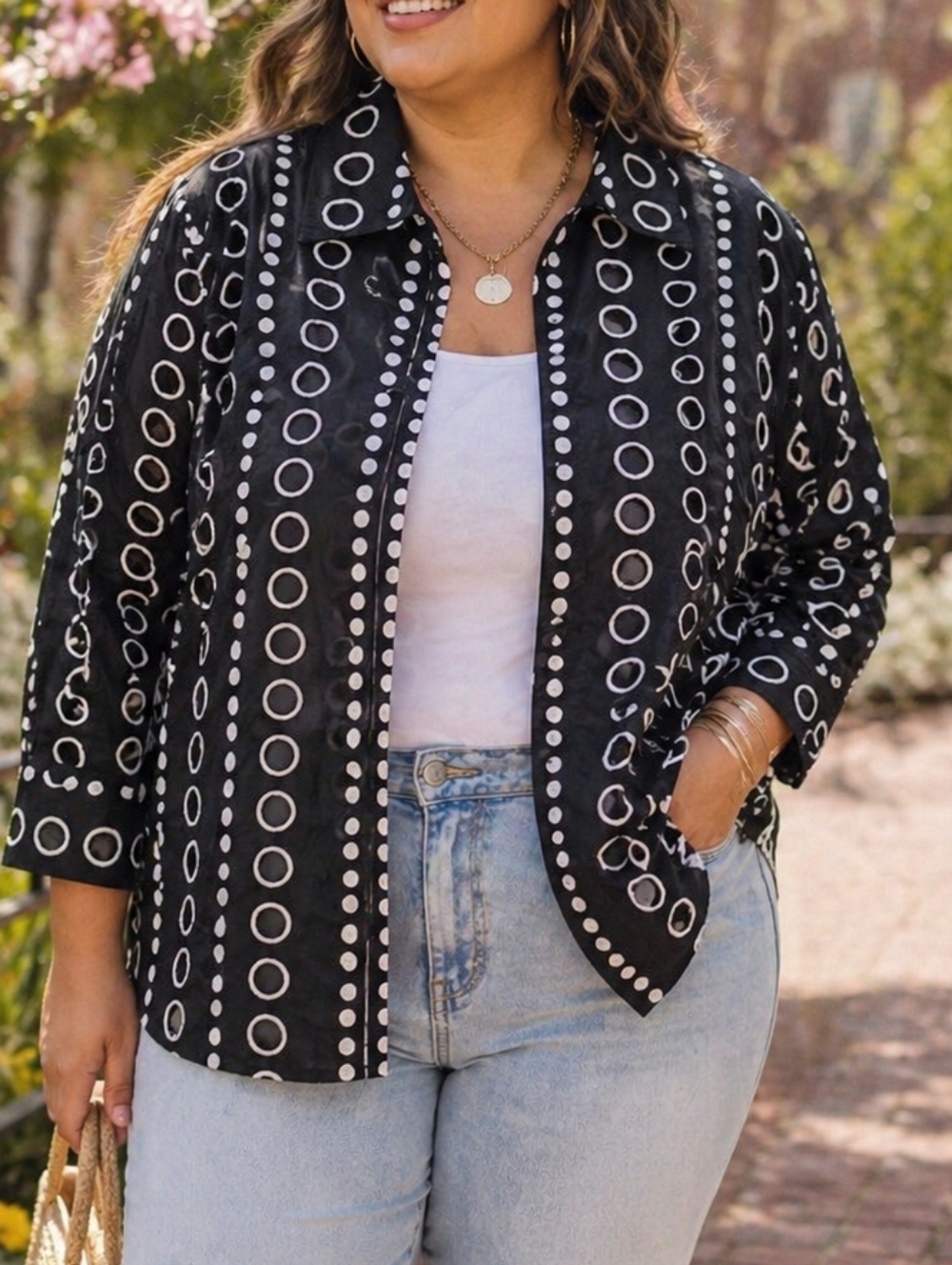 Spanner 100% Cotton Oversized Circle Eyelet Top Black & White Relaxed Fit